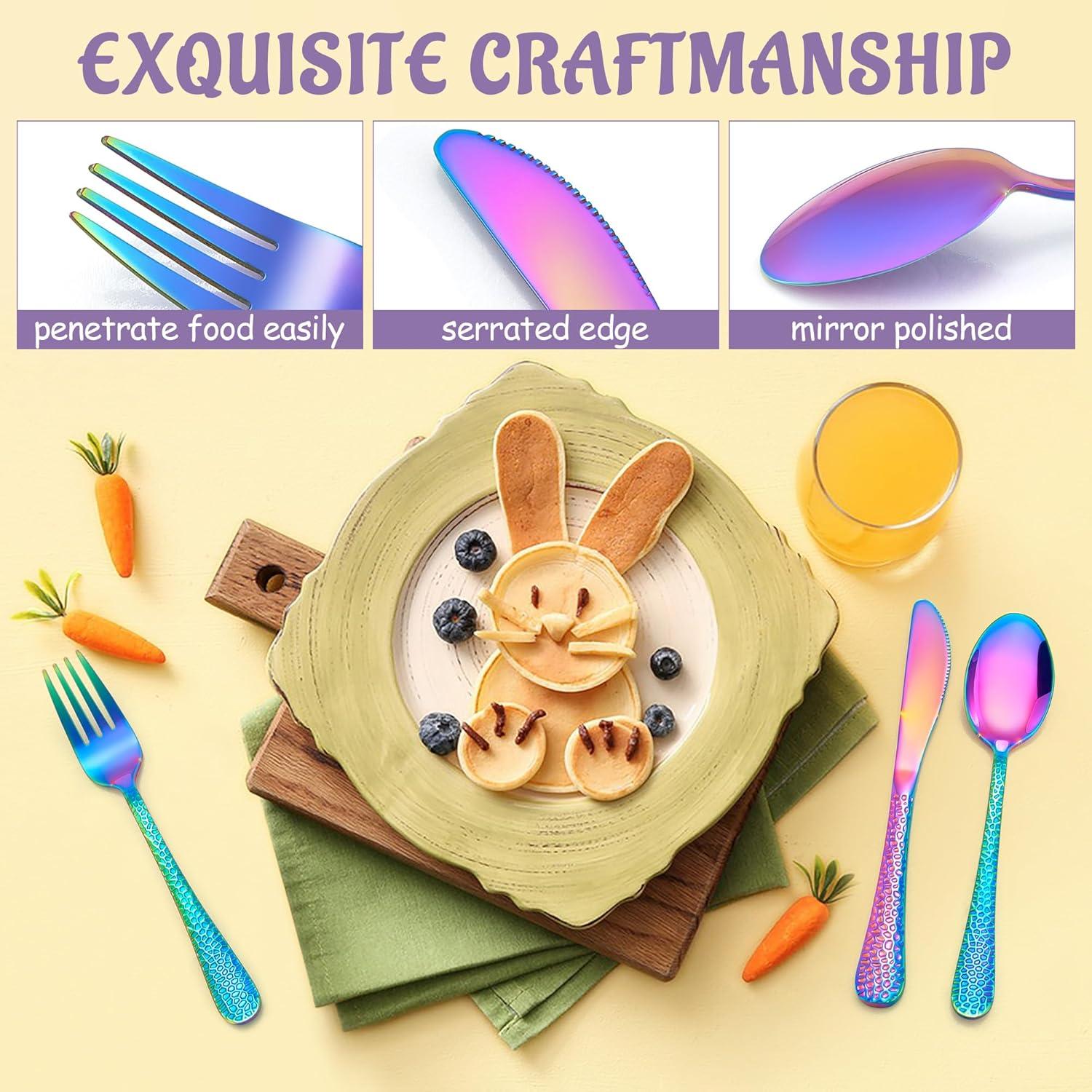 imageEfar 12Piece Kids Silverware Stainless Steel Toddler Preschooler Utensils with Adult Look Hammered Flatware Includes 4 Forks 4 Spoons 4 Knives Safe for Self Feeding NonToxic amp Dishwasher SafeRainbow