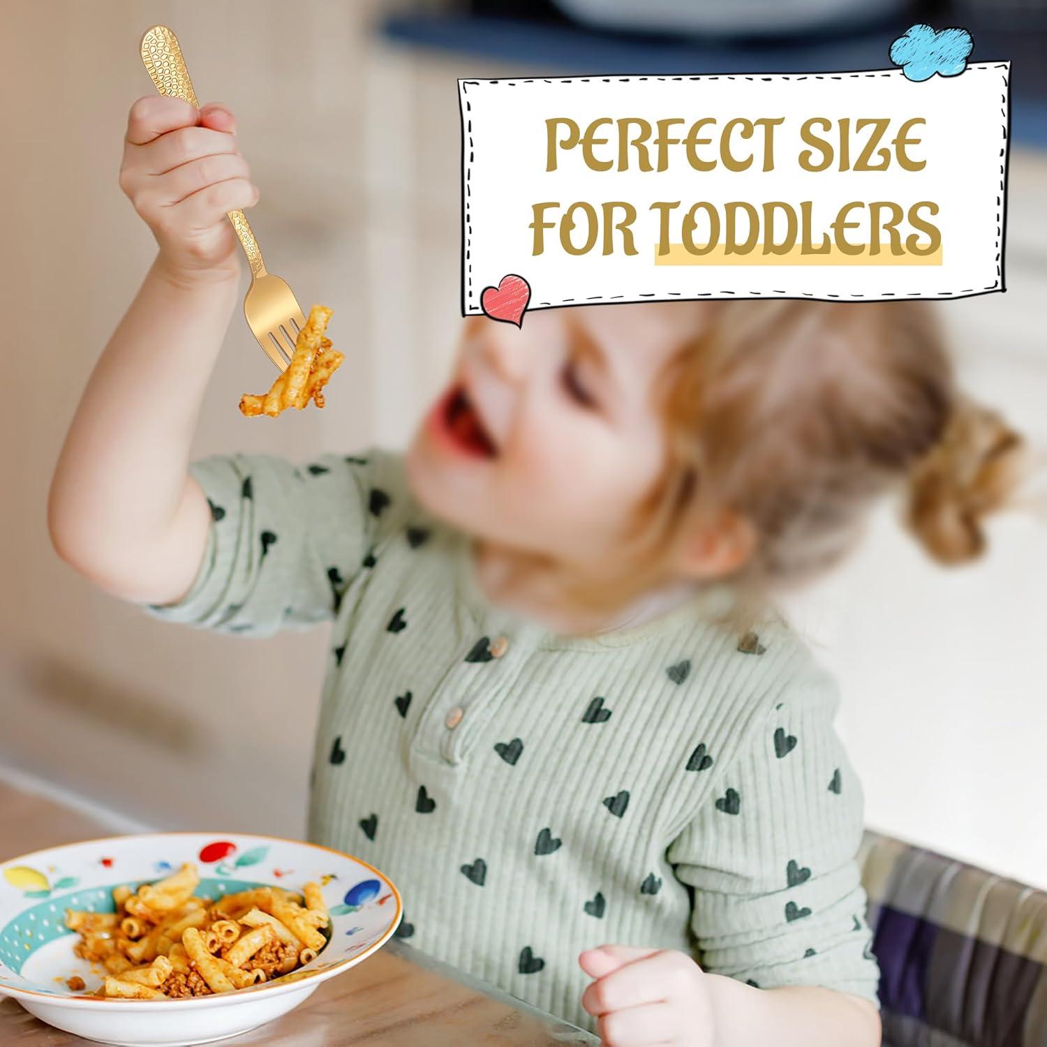 imageEfar 12Piece Kids Silverware Stainless Steel Toddler Preschooler Utensils with Adult Look Hammered Flatware Includes 4 Forks 4 Spoons 4 Knives Safe for Self Feeding NonToxic amp Dishwasher SafeGold