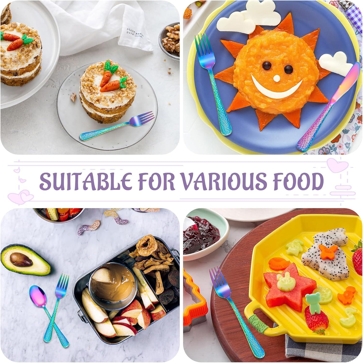 imageEfar 12Piece Kids Silverware Stainless Steel Toddler Preschooler Utensils with Adult Look Hammered Flatware Includes 4 Forks 4 Spoons 4 Knives Safe for Self Feeding NonToxic amp Dishwasher SafeRainbow