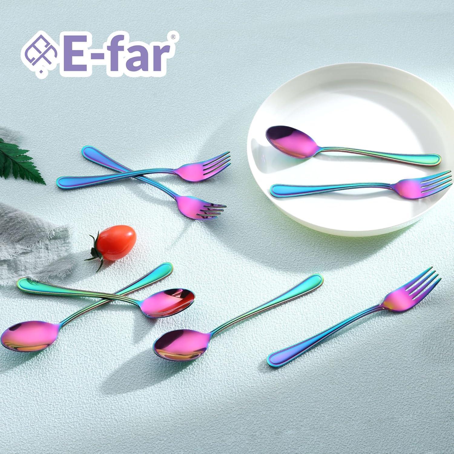 imageEfar 12Piece Toddler Silverware Stainless Steel Kids Utensils Forks and Spoons Children Safe Mirror Polished Metal Cutlery Set for Self Feeding 6 Forks amp 6 SpoonsRainbowRainbow