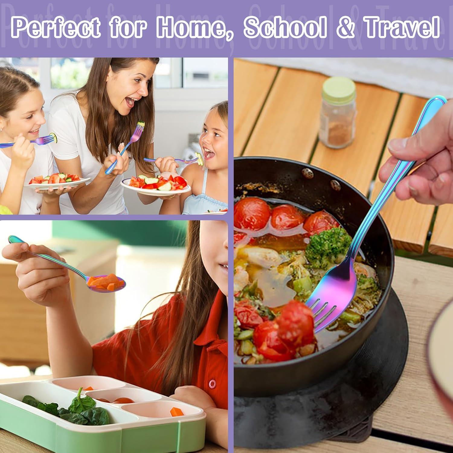 imageEfar 12Piece Toddler Silverware Stainless Steel Kids Utensils Forks and Spoons Children Safe Mirror Polished Metal Cutlery Set for Self Feeding 6 Forks amp 6 SpoonsRainbowRainbow