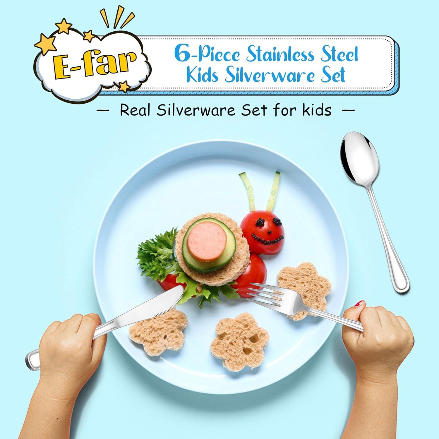 imageEfar 6Piece Kids Silverware Stainless Steel Toddler Utensils Safe for PreschoolerChildren Includes 2 Kids Forks 2 Spoons 2 Knife Slimline Adult Look amp Small Size Rust Free amp Dishwasher SafeSilver