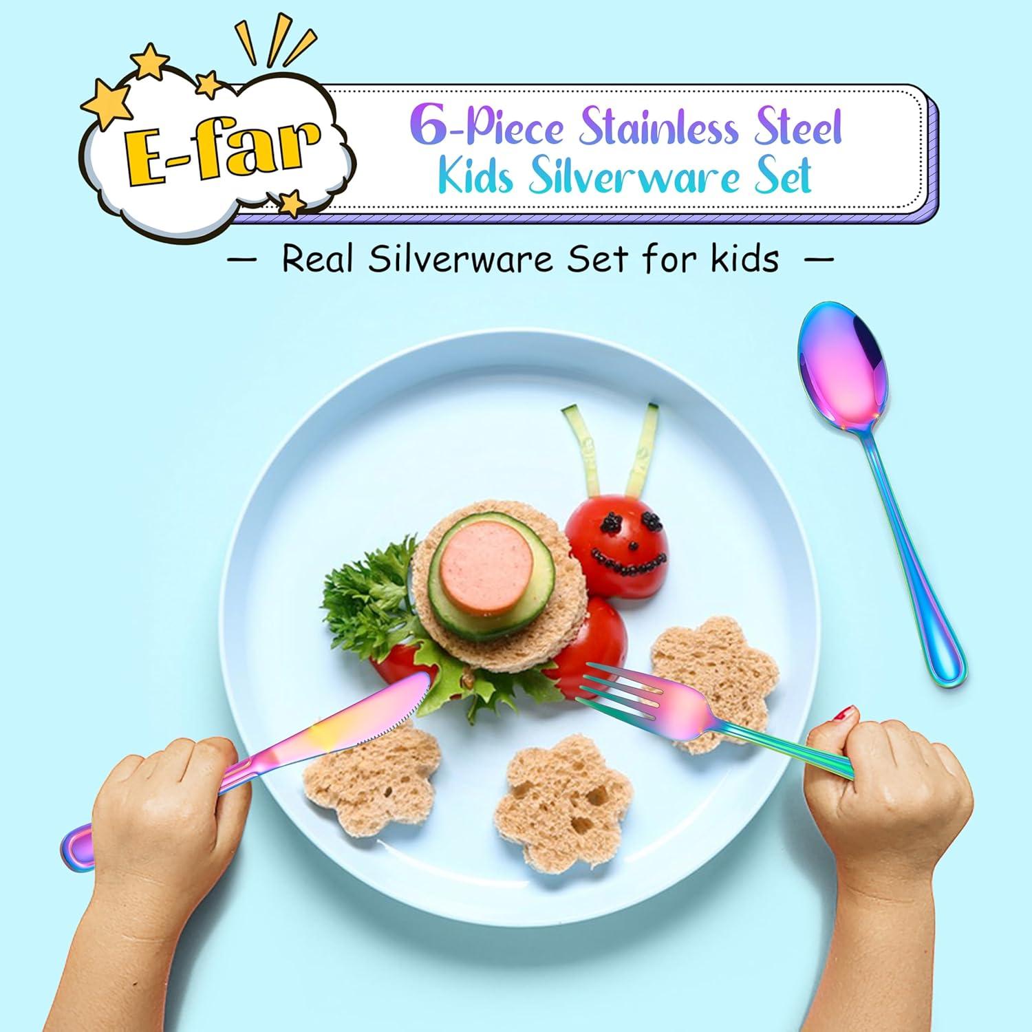 imageEfar 6Piece Kids Silverware Stainless Steel Toddler Utensils Safe for PreschoolerChildren Includes 2 Kids Forks 2 Spoons 2 Knife Slimline Adult Look amp Small Size Rust Free amp Dishwasher SafeRainbow