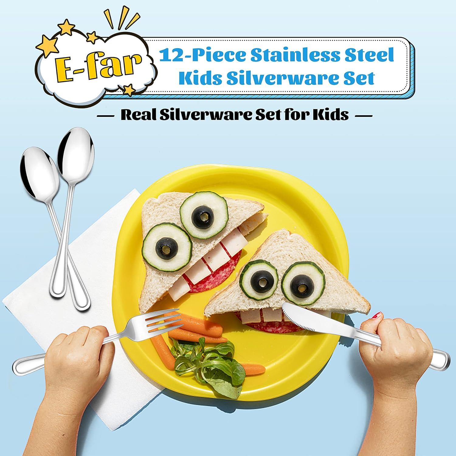 imageEfar 6Piece Kids Silverware Stainless Steel Toddler Utensils Safe for PreschoolerChildren Includes 2 Kids Forks 2 Spoons 2 Knife Slimline Adult Look amp Small Size Rust Free amp Dishwasher SafeSilver