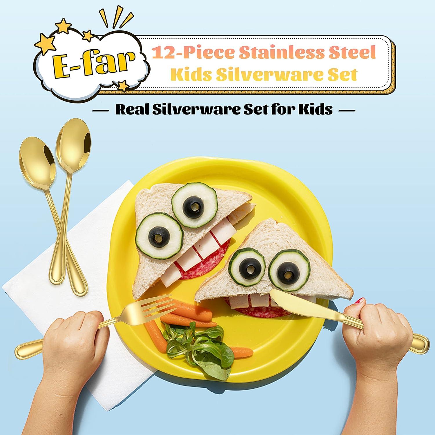 imageEfar 6Piece Kids Silverware Stainless Steel Toddler Utensils Safe for PreschoolerChildren Includes 2 Kids Forks 2 Spoons 2 Knife Slimline Adult Look amp Small Size Rust Free amp Dishwasher SafeGold