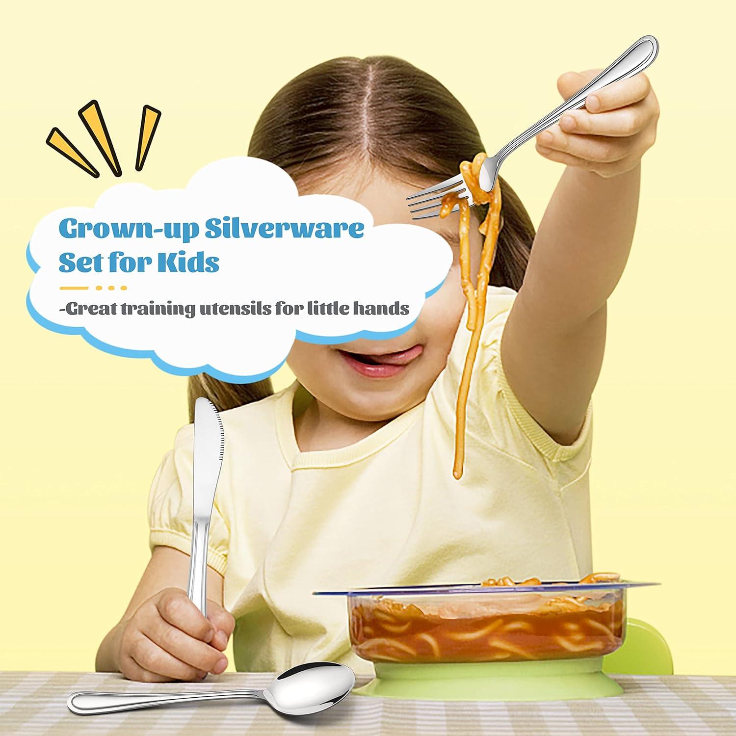 imageEfar 6Piece Kids Silverware Stainless Steel Toddler Utensils Safe for PreschoolerChildren Includes 2 Kids Forks 2 Spoons 2 Knife Slimline Adult Look amp Small Size Rust Free amp Dishwasher SafeSilver