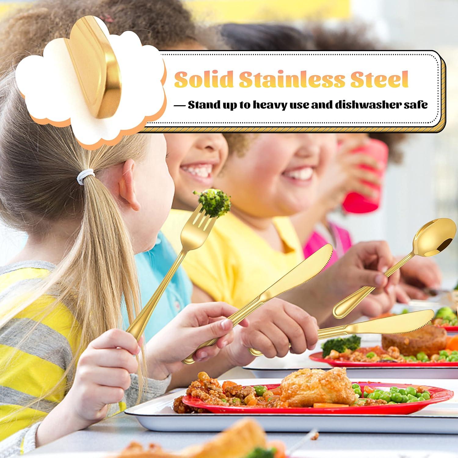 imageEfar 6Piece Kids Silverware Stainless Steel Toddler Utensils Safe for PreschoolerChildren Includes 2 Kids Forks 2 Spoons 2 Knife Slimline Adult Look amp Small Size Rust Free amp Dishwasher SafeGold