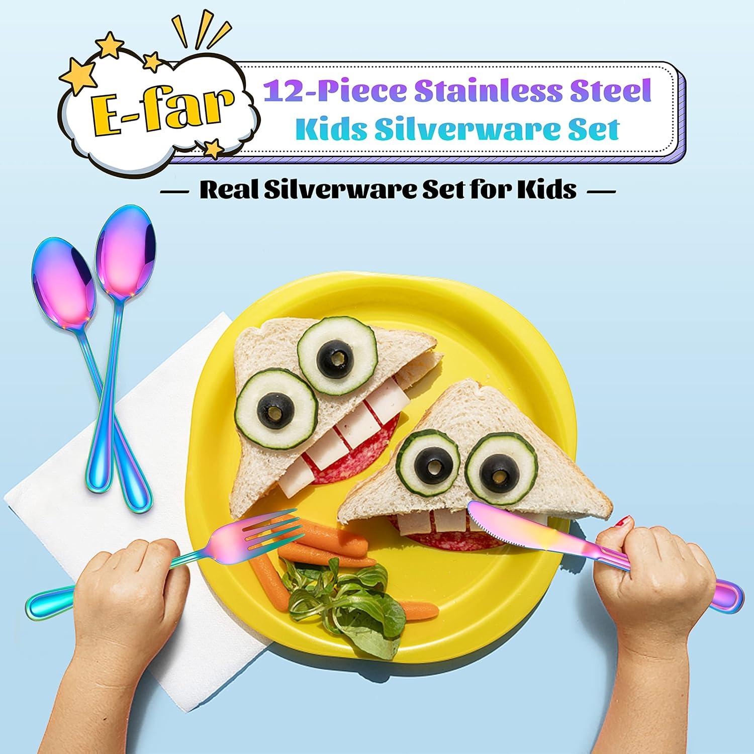 imageEfar 6Piece Kids Silverware Stainless Steel Toddler Utensils Safe for PreschoolerChildren Includes 2 Kids Forks 2 Spoons 2 Knife Slimline Adult Look amp Small Size Rust Free amp Dishwasher SafeRainbow