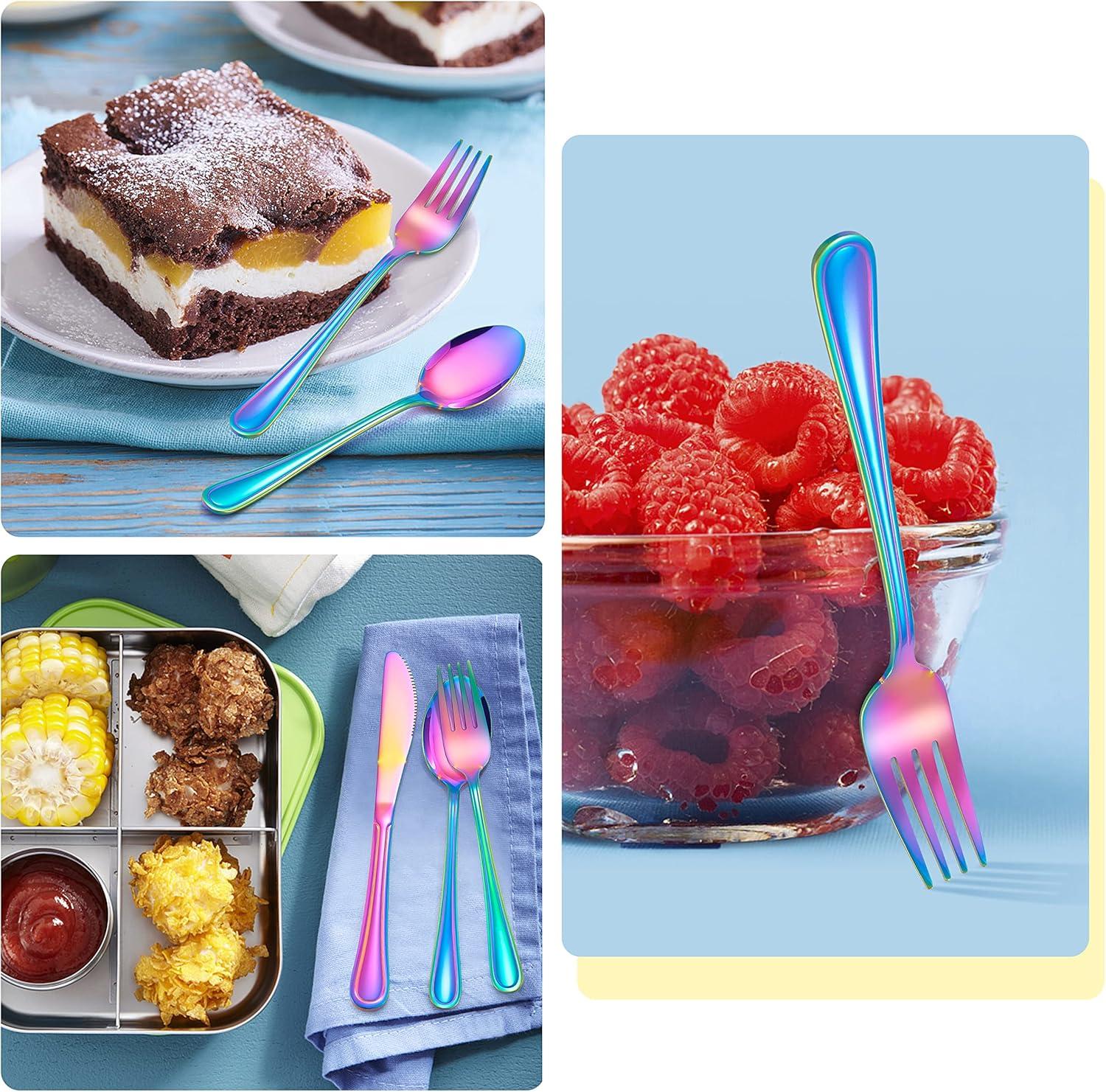 imageEfar 6Piece Kids Silverware Stainless Steel Toddler Utensils Safe for PreschoolerChildren Includes 2 Kids Forks 2 Spoons 2 Knife Slimline Adult Look amp Small Size Rust Free amp Dishwasher SafeRainbow