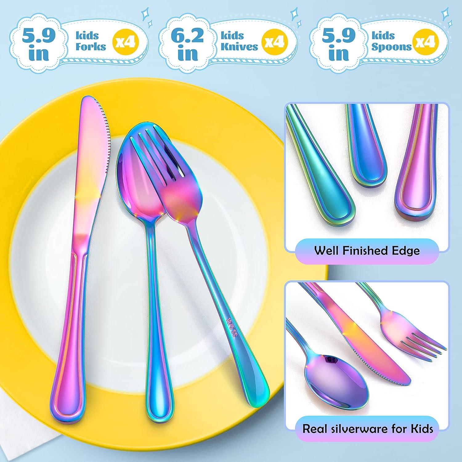 imageEfar 6Piece Kids Silverware Stainless Steel Toddler Utensils Safe for PreschoolerChildren Includes 2 Kids Forks 2 Spoons 2 Knife Slimline Adult Look amp Small Size Rust Free amp Dishwasher SafeRainbow