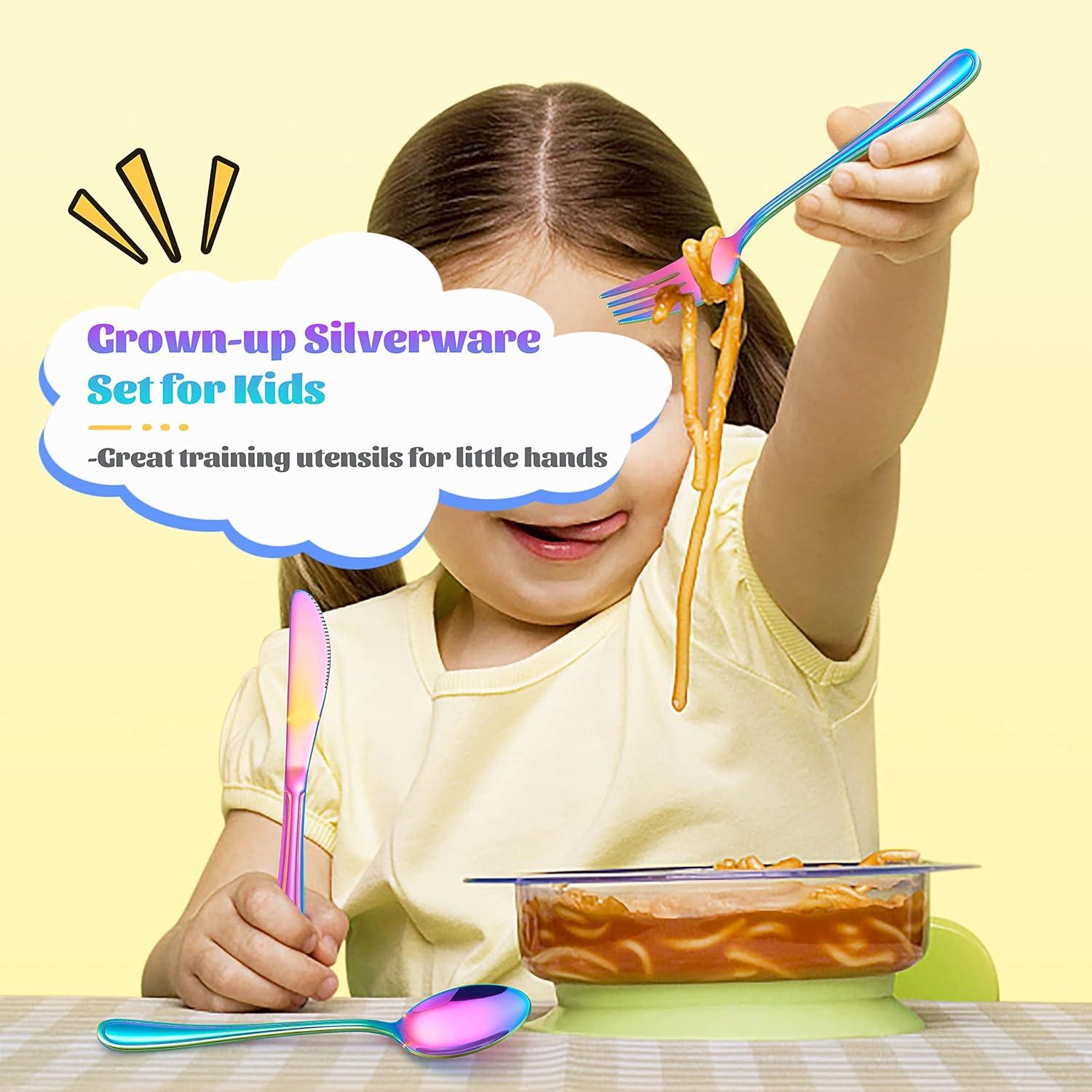 imageEfar 6Piece Kids Silverware Stainless Steel Toddler Utensils Safe for PreschoolerChildren Includes 2 Kids Forks 2 Spoons 2 Knife Slimline Adult Look amp Small Size Rust Free amp Dishwasher SafeRainbow