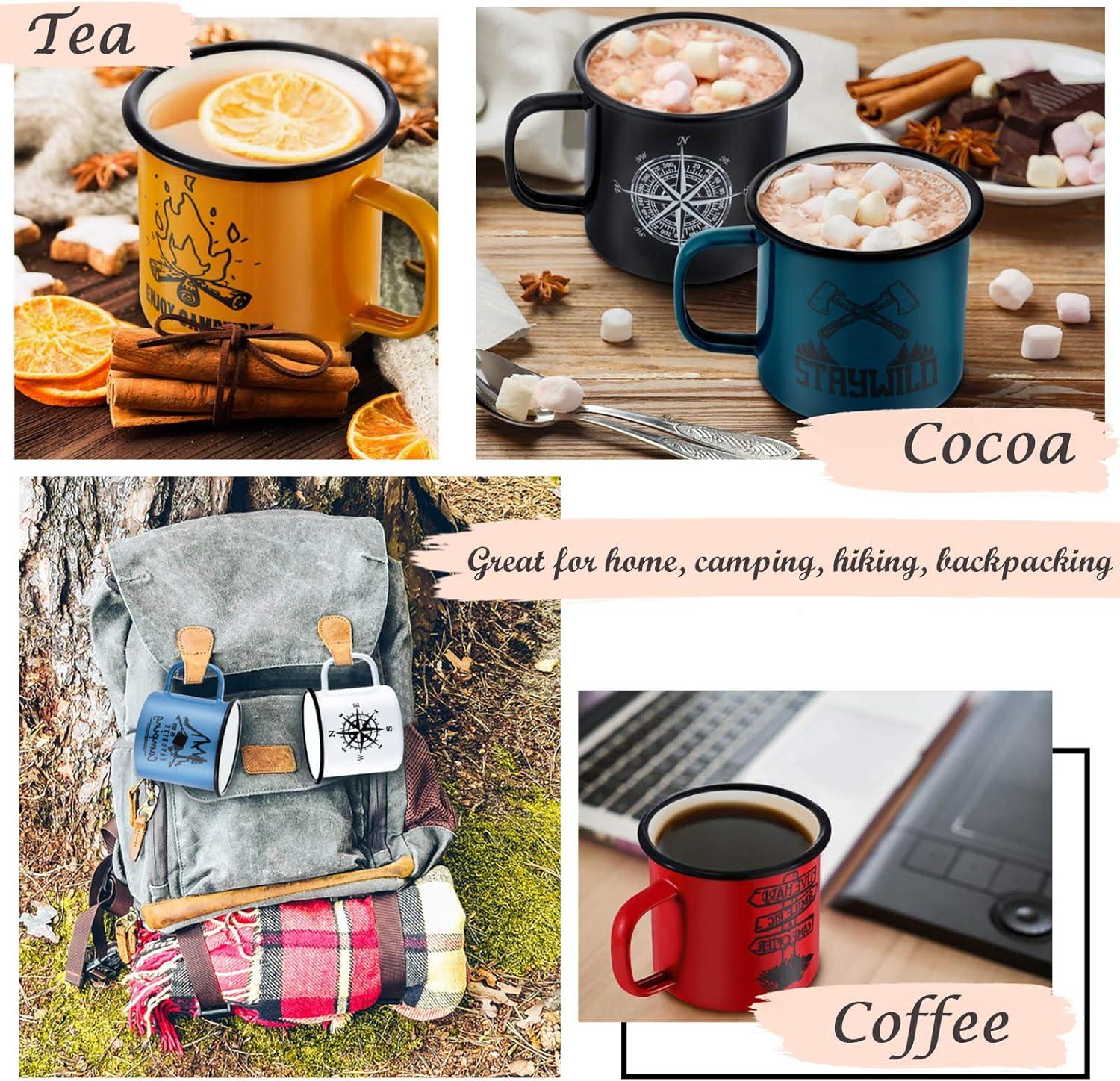 imageEfar Enamel Camping Mug Set of 6 16 Ounce Metal Enamel Coffee Tea Cups for Outdoor Camping Hiking Backpacking Kids 2Sided Unique Graphic Design amp Large Size ColourfulBlack White Yellow Blue Dark Green Red