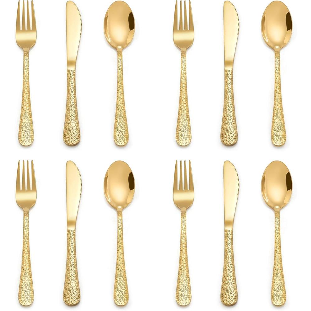 imageEfar 12Piece Kids Silverware Stainless Steel Toddler Preschooler Utensils with Adult Look Hammered Flatware Includes 4 Forks 4 Spoons 4 Knives Safe for Self Feeding NonToxic amp Dishwasher SafeGold