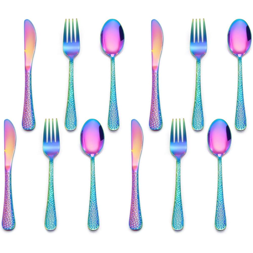 imageEfar 12Piece Kids Silverware Stainless Steel Toddler Preschooler Utensils with Adult Look Hammered Flatware Includes 4 Forks 4 Spoons 4 Knives Safe for Self Feeding NonToxic amp Dishwasher SafeRainbow