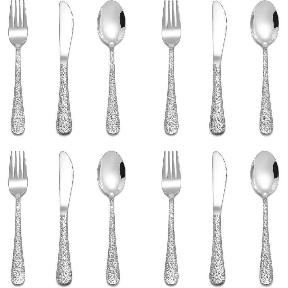 imageEfar 12Piece Kids Silverware Stainless Steel Toddler Preschooler Utensils with Adult Look Hammered Flatware Includes 4 Forks 4 Spoons 4 Knives Safe for Self Feeding NonToxic amp Dishwasher SafeSilver