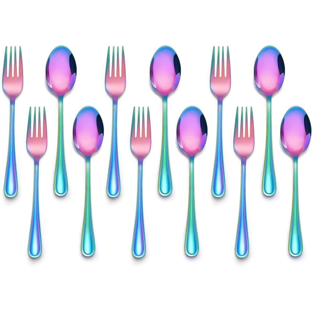 imageEfar 12Piece Toddler Silverware Stainless Steel Kids Utensils Forks and Spoons Children Safe Mirror Polished Metal Cutlery Set for Self Feeding 6 Forks amp 6 SpoonsRainbowRainbow