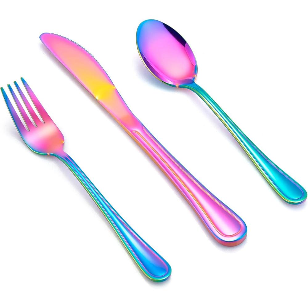 imageEfar 6Piece Kids Silverware Stainless Steel Toddler Utensils Safe for PreschoolerChildren Includes 2 Kids Forks 2 Spoons 2 Knife Slimline Adult Look amp Small Size Rust Free amp Dishwasher SafeRainbow
