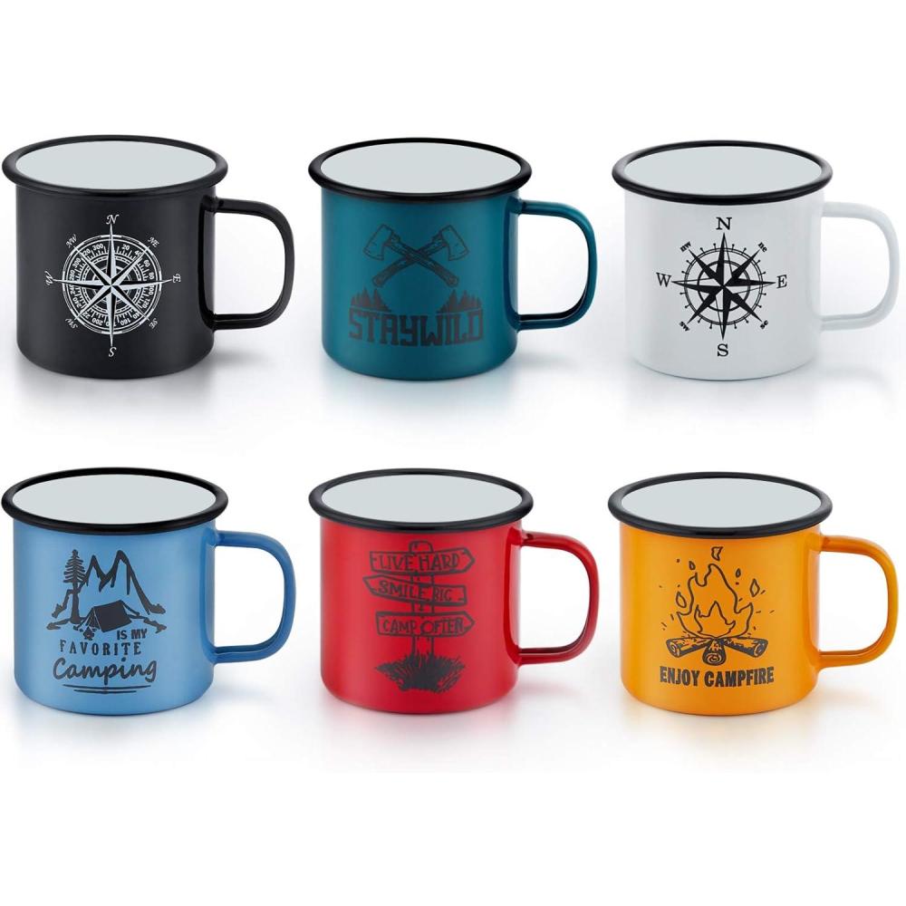 imageEfar Enamel Camping Mug Set of 6 16 Ounce Metal Enamel Coffee Tea Cups for Outdoor Camping Hiking Backpacking Kids 2Sided Unique Graphic Design amp Large Size ColourfulBlack White Yellow Blue Dark Green Red