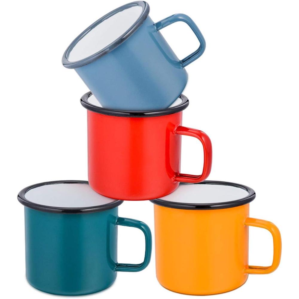 imageEfar Enamel Camping Mug Set of 6 16 Ounce Metal Enamel Coffee Tea Cups for Outdoor Camping Hiking Backpacking Kids 2Sided Unique Graphic Design amp Large Size ColourfulRed Blue Dark Green Yellow