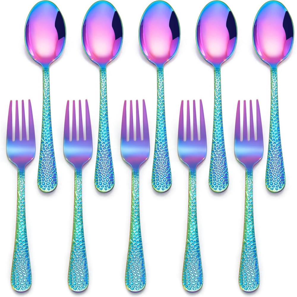 imageEfar Toddler Forks and Spoons Set 10Piece Stainless Steel Toddler Utensils Kids Safe Silverware for Self Feeding Healthy amp NonToxic RainbowMirror Rainbow