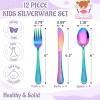 E-far 12-Piece Kids Silverware, Stainless Steel Toddler Preschooler Utensils with Adult Look, Hammered Flatware Includes 4 Forks 4 Spoons 4 Knives, Safe for Self Feeding, Non-Toxic & Dishwasher Safe(Rainbow)