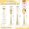 E-far 12-Piece Kids Silverware, Stainless Steel Toddler Preschooler Utensils with Adult Look, Hammered Flatware Includes 4 Forks 4 Spoons 4 Knives, Safe for Self Feeding, Non-Toxic & Dishwasher Safe(Gold)