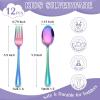 E-far 12-Piece Toddler Silverware, Stainless Steel Kids Utensils Forks and Spoons, Children Safe Mirror Polished Metal Cutlery Set for Self Feeding, 6 Forks & 6 Spoons(Rainbow)(Rainbow)