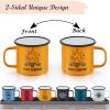 E-far Enamel Camping Mug Set of 6, 16 Ounce Metal Enamel Coffee Tea Cups for Outdoor Camping Hiking Backpacking Kids, 2-Sided Unique Graphic Design & Large Size – Colourful(Black White Yellow Blue Dark Green Red)