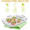 E-far Stainless Steel Kids Plates, 4 Pieces Mini Metal Dinner Dish Set for Kids Toddler Child, 7.3” x 5.3” x 0.75”, Non-Toxic & Dishwasher Safe, Great for Self-Feeding/Picnic/Outdoor Camping(9.4” x 7.3” x 1”)