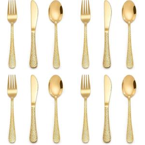 E-far 12-Piece Kids Silverware, Stainless Steel Toddler Preschooler Utensils with Adult Look, Hammered Flatware Includes 4 Forks 4 Spoons 4 Knives, Safe for Self Feeding, Non-Toxic & Dishwasher Safe(Gold)