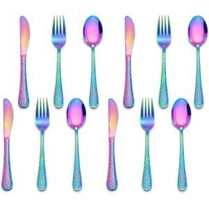 E-far 12-Piece Kids Silverware, Stainless Steel Toddler Preschooler Utensils with Adult Look, Hammered Flatware Includes 4 Forks 4 Spoons 4 Knives, Safe for Self Feeding, Non-Toxic & Dishwasher Safe(Rainbow)