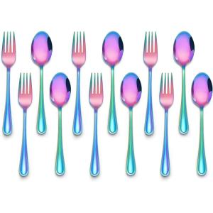 E-far 12-Piece Toddler Silverware, Stainless Steel Kids Utensils Forks and Spoons, Children Safe Mirror Polished Metal Cutlery Set for Self Feeding, 6 Forks & 6 Spoons(Rainbow)(Rainbow)