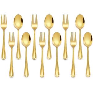 E-far 12-Piece Toddler Silverware, Stainless Steel Kids Utensils Forks and Spoons, Children Safe Mirror Polished Metal Cutlery Set for Self Feeding, 6 Forks & 6 Spoons(Rainbow)(Gold)