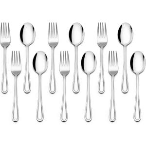 E-far 12-Piece Toddler Silverware, Stainless Steel Kids Utensils Forks and Spoons, Children Safe Mirror Polished Metal Cutlery Set for Self Feeding, 6 Forks & 6 Spoons(Rainbow)(Silver)