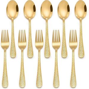 E-far Toddler Forks and Spoons Set, 10-Piece Stainless Steel Toddler Utensils Kids Safe Silverware for Self Feeding, Healthy & Non-Toxic, Rainbow(Gold Mirror)