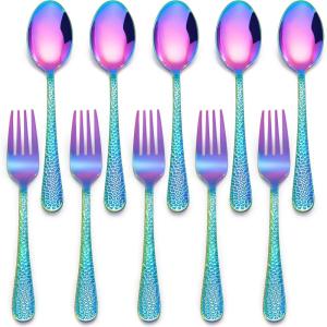 E-far Toddler Forks and Spoons Set, 10-Piece Stainless Steel Toddler Utensils Kids Safe Silverware for Self Feeding, Healthy & Non-Toxic, Rainbow(Mirror Rainbow)