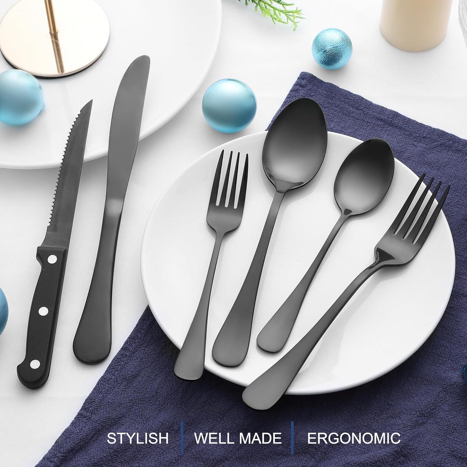 imageEfar Silverware Set with Organizer 49Piece Stainless Steel Flatware Cutlery Set for 8 with Steak Knives Kitchen Metal Eating Utensils Sets Include Forks Spoons Knife Mirror Polished amp Rust ProofBlack