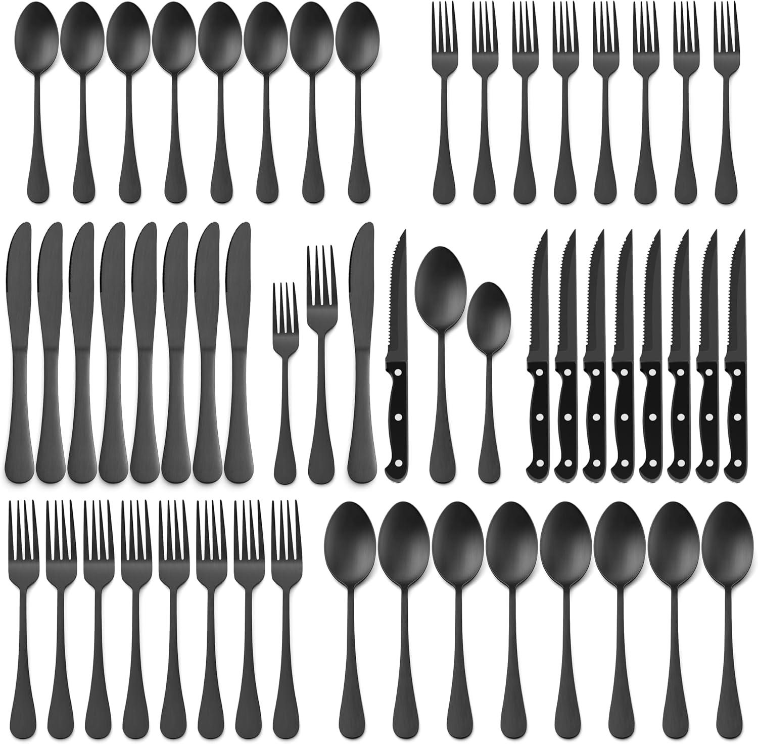 imageEfar Silverware Set with Organizer 49Piece Stainless Steel Flatware Cutlery Set for 8 with Steak Knives Kitchen Metal Eating Utensils Sets Include Forks Spoons Knife Mirror Polished amp Rust ProofMatte Black