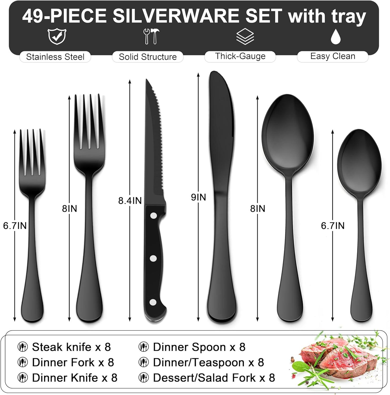 imageEfar Silverware Set with Organizer 49Piece Stainless Steel Flatware Cutlery Set for 8 with Steak Knives Kitchen Metal Eating Utensils Sets Include Forks Spoons Knife Mirror Polished amp Rust ProofBlack