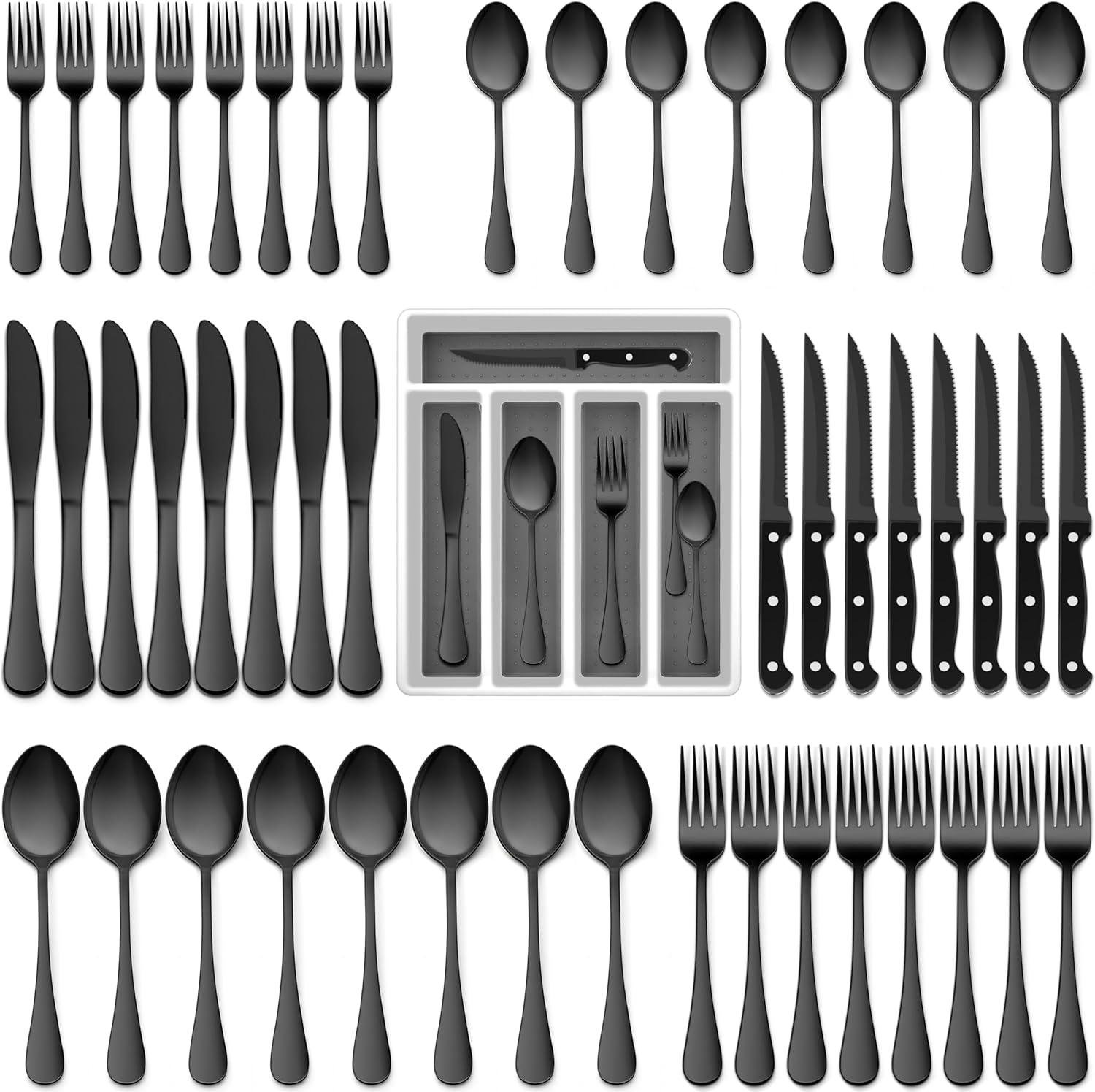 imageEfar Silverware Set with Organizer 49Piece Stainless Steel Flatware Cutlery Set for 8 with Steak Knives Kitchen Metal Eating Utensils Sets Include Forks Spoons Knife Mirror Polished amp Rust ProofBlack