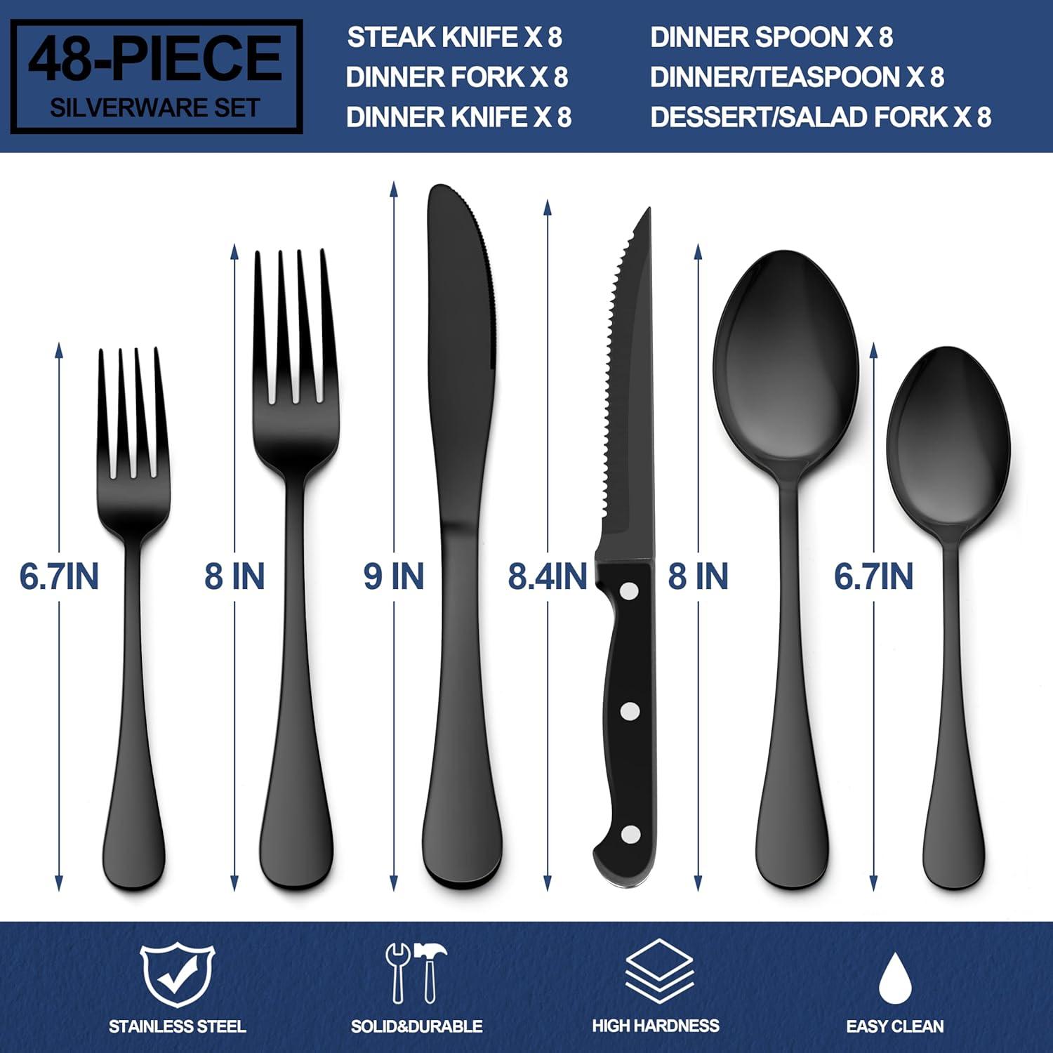 imageEfar Silverware Set with Organizer 49Piece Stainless Steel Flatware Cutlery Set for 8 with Steak Knives Kitchen Metal Eating Utensils Sets Include Forks Spoons Knife Mirror Polished amp Rust ProofBlack
