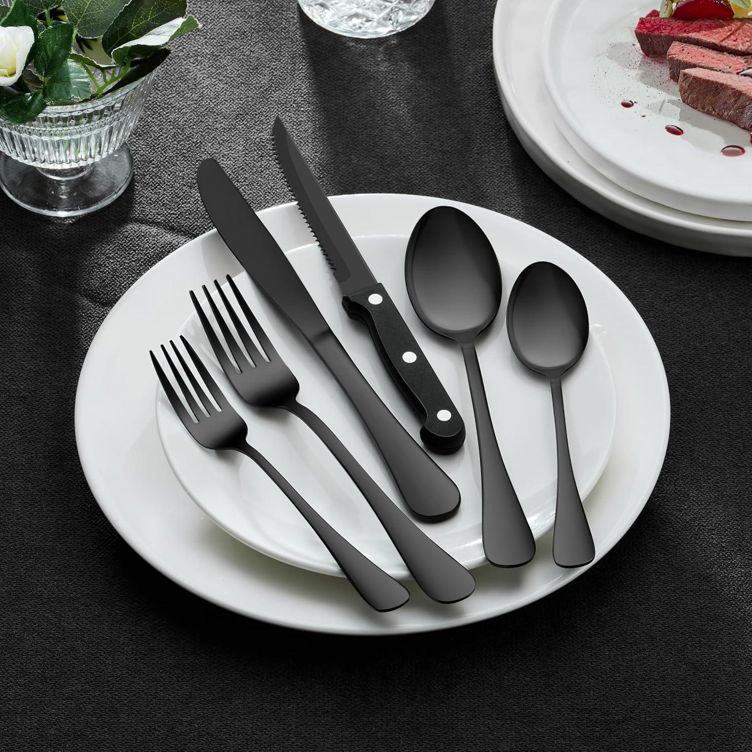 imageEfar Silverware Set with Organizer 49Piece Stainless Steel Flatware Cutlery Set for 8 with Steak Knives Kitchen Metal Eating Utensils Sets Include Forks Spoons Knife Mirror Polished amp Rust ProofBlack