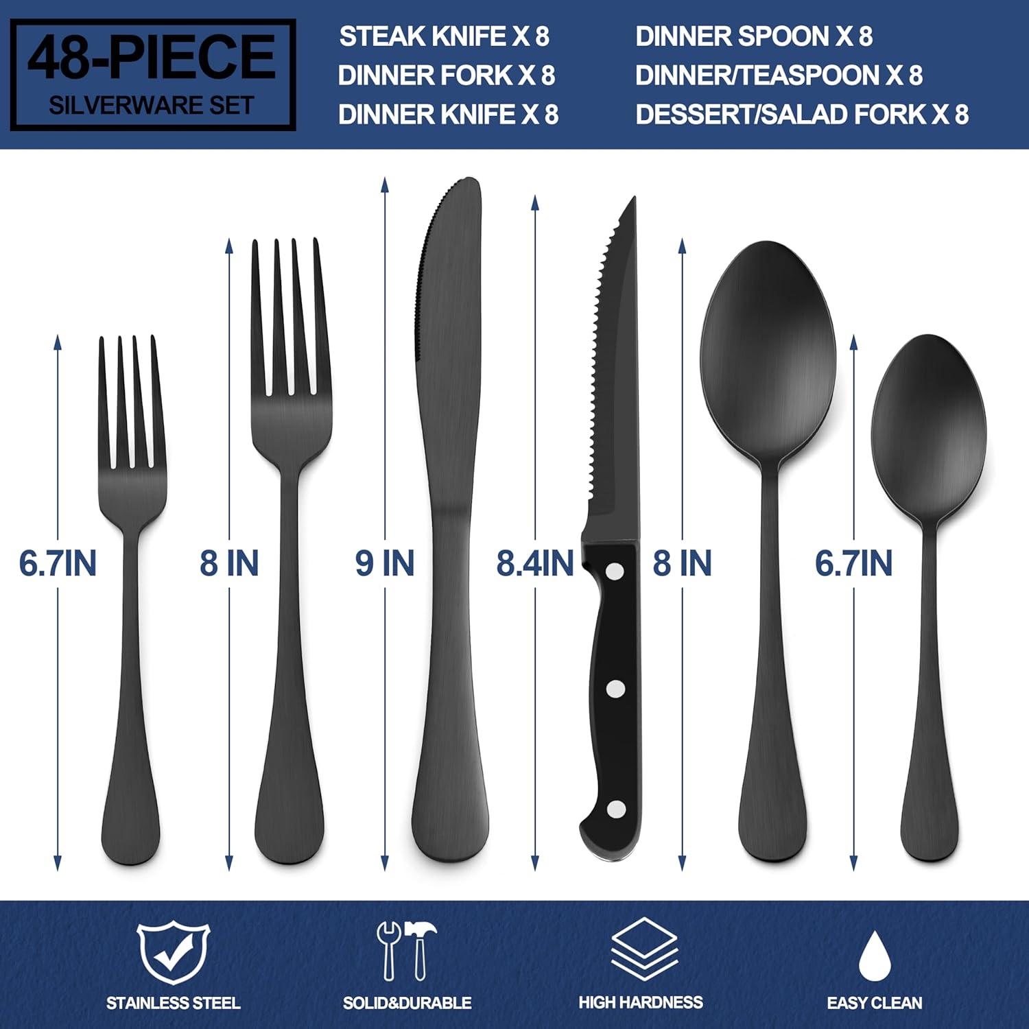 imageEfar Silverware Set with Organizer 49Piece Stainless Steel Flatware Cutlery Set for 8 with Steak Knives Kitchen Metal Eating Utensils Sets Include Forks Spoons Knife Mirror Polished amp Rust ProofMatte Black