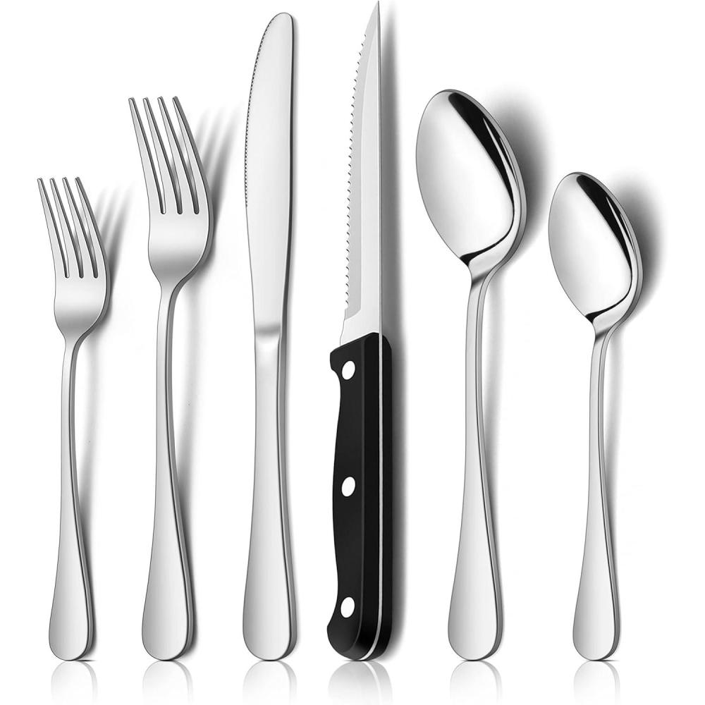 imageEfar 48Piece Silverware Set with Steak Knives Stainless Steel Flatware Cutlery Set Eating Utensils for 8 Spoons Forks Knives for Home Kitchen Simple Design amp Mirror Finish Dishwasher SafeSilver Mirror
