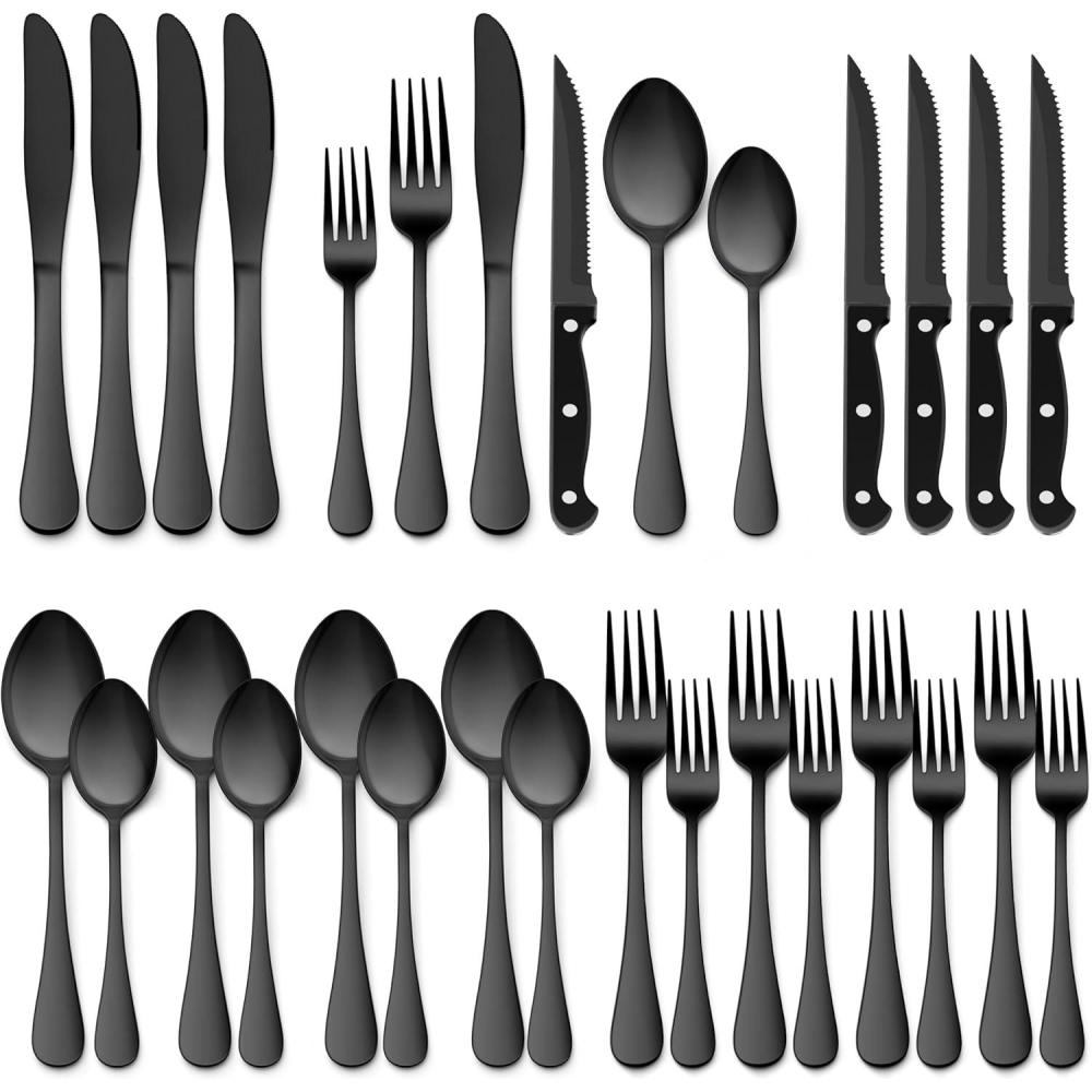 imageEfar Silverware Set with Organizer 49Piece Stainless Steel Flatware Cutlery Set for 8 with Steak Knives Kitchen Metal Eating Utensils Sets Include Forks Spoons Knife Mirror Polished amp Rust ProofBlack