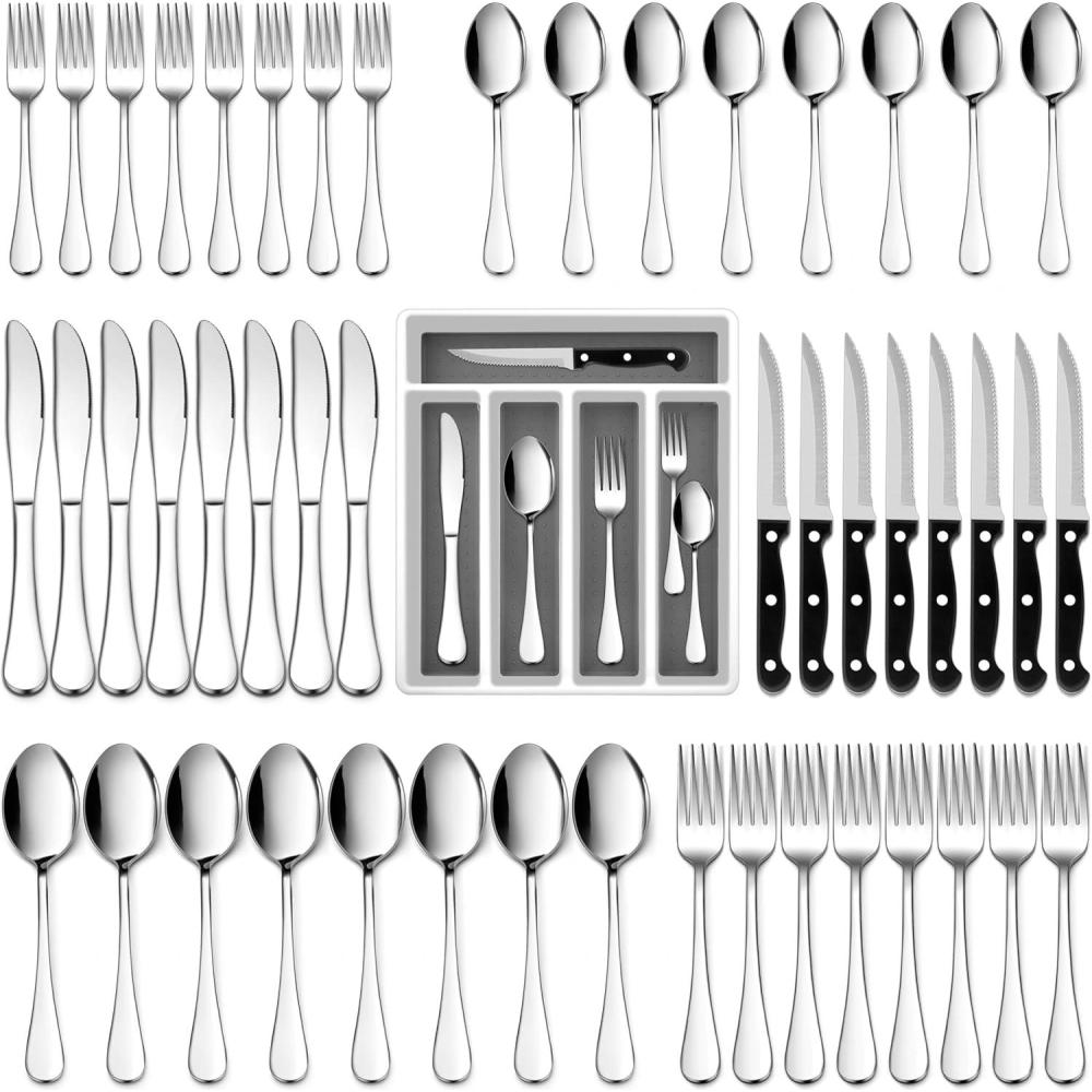 imageEfar Silverware Set with Organizer 49Piece Stainless Steel Flatware Cutlery Set for 8 with Steak Knives Kitchen Metal Eating Utensils Sets Include Forks Spoons Knife Mirror Polished amp Rust ProofSilver