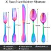 E-far 20-Piece Matte Rainbow Silverware Set, Stainless Steel Flatware Set Service for 4, Colorful Cutlery Set Include Forks Spoons and Knives for Kitchen Home Restaurant, Satin Finish & Widen Handle