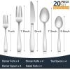 E-far Matte Black Silverware Set for 4, 20 Pieces Stainless Steel Flatware Eating Utensils Set for Home Kitchen Restaurant, Metal Forks Spoons and Knives with Square Handle for Wedding Dinner Party(Matte Silver)