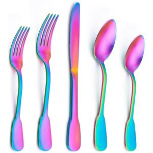 E-far 20-Piece Matte Rainbow Silverware Set, Stainless Steel Flatware Set Service for 4, Colorful Cutlery Set Include Forks Spoons and Knives for Kitchen Home Restaurant, Satin Finish & Widen Handle