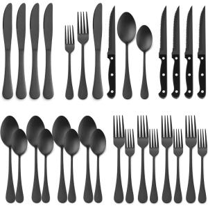 E-far Silverware Set with Organizer, 49-Piece Stainless Steel Flatware Cutlery Set for 8 with Steak Knives, Kitchen Metal Eating Utensils Sets Include Forks Spoons Knife, Mirror Polished & Rust Proof(Matte Black)